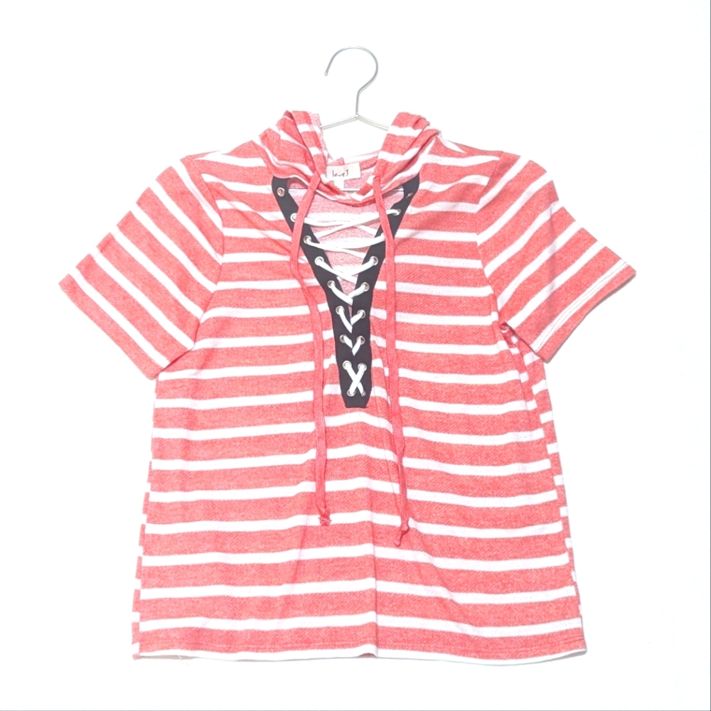 Love J | Striped | Hooded T Shirt | Grommet Laced Up | V Neck | Retro | Gorpcore
